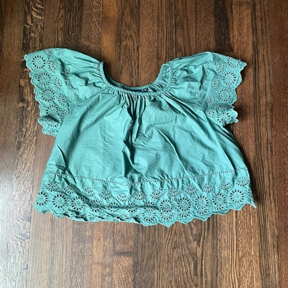 GAP Teal Eyelet Trim Cotton Blouse